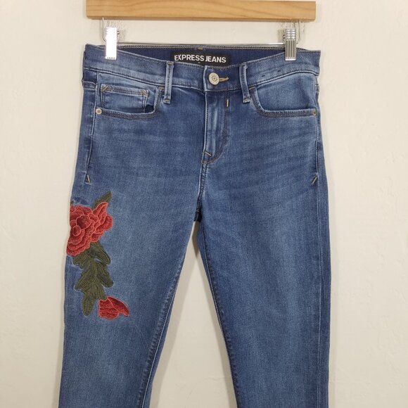 Express Mid Rise Ankle Legging Stretch Jeans Embroidered Floral Blue Size 6 - Picture 2 of 8